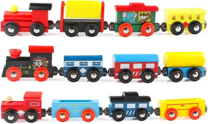12-Piece Wooden Magnetic Train Cars — Toddler Train Set with 3 Engines