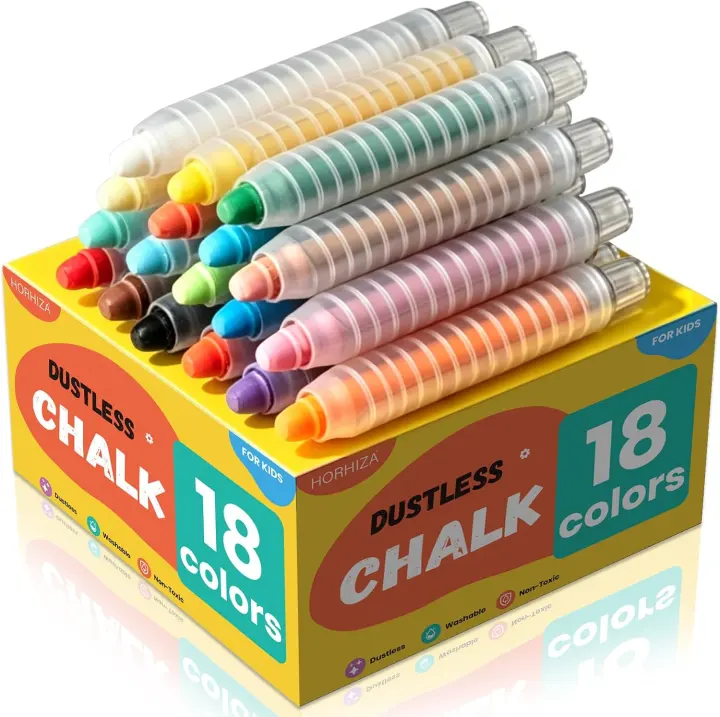 18-Color Dustless Chalk Set with Pen-Style Holders — Washable Chalk