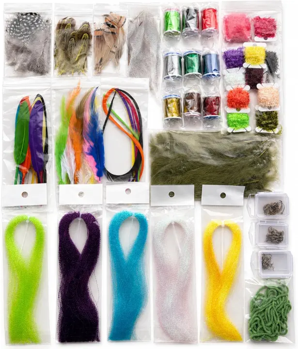 Complete Fly Tying Materials Kit — Hooks, Thread, Flash & Feathers