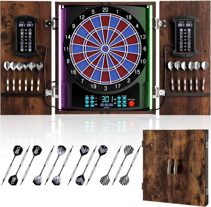 Electronic Dartboard Cabinet with Dual Scoreboards and LED Lights