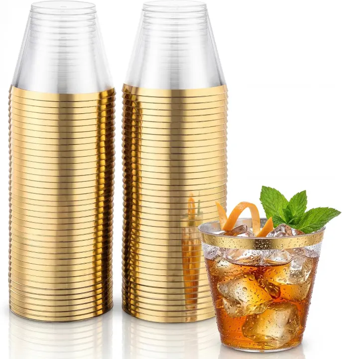 Gold-Rim Clear Plastic Cups — 200 Pack, 9 oz
