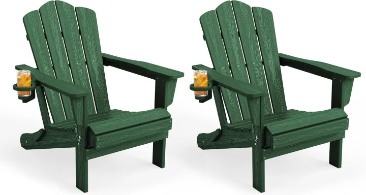 KINGYES Folding Adirondack Chairs (Set of 2) with Cup Holders — Green