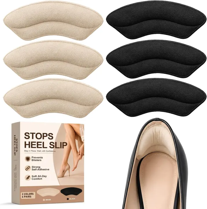 Memory Foam Heel Grips — 6 Pairs (Beige & Black) for Loose Shoes