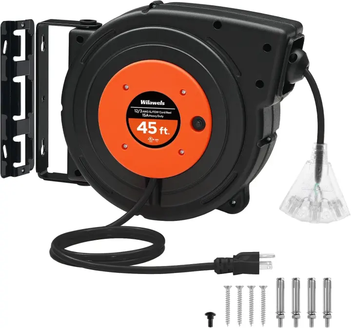Retractable Extension Cord Reel — 45 ft Heavy-Duty 12AWG Power Reel