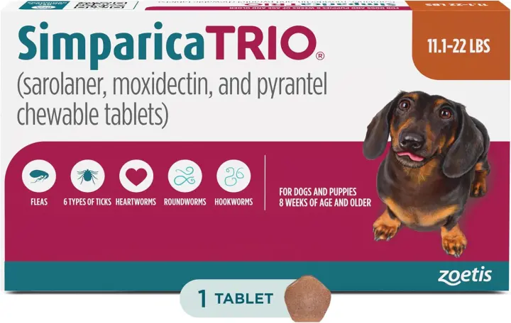 Simparica Trio Chewables for Dogs, Liver Flavor, 11.1–22 lb, 1-Month Supply