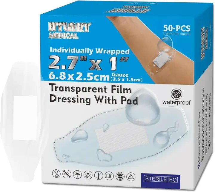 Waterproof Transparent Film Dressings — 50 Sterile Adhesive Pads