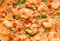 Dairy-Free Creamy Tomato Basil Shrimp Skillet with Sweet Corn