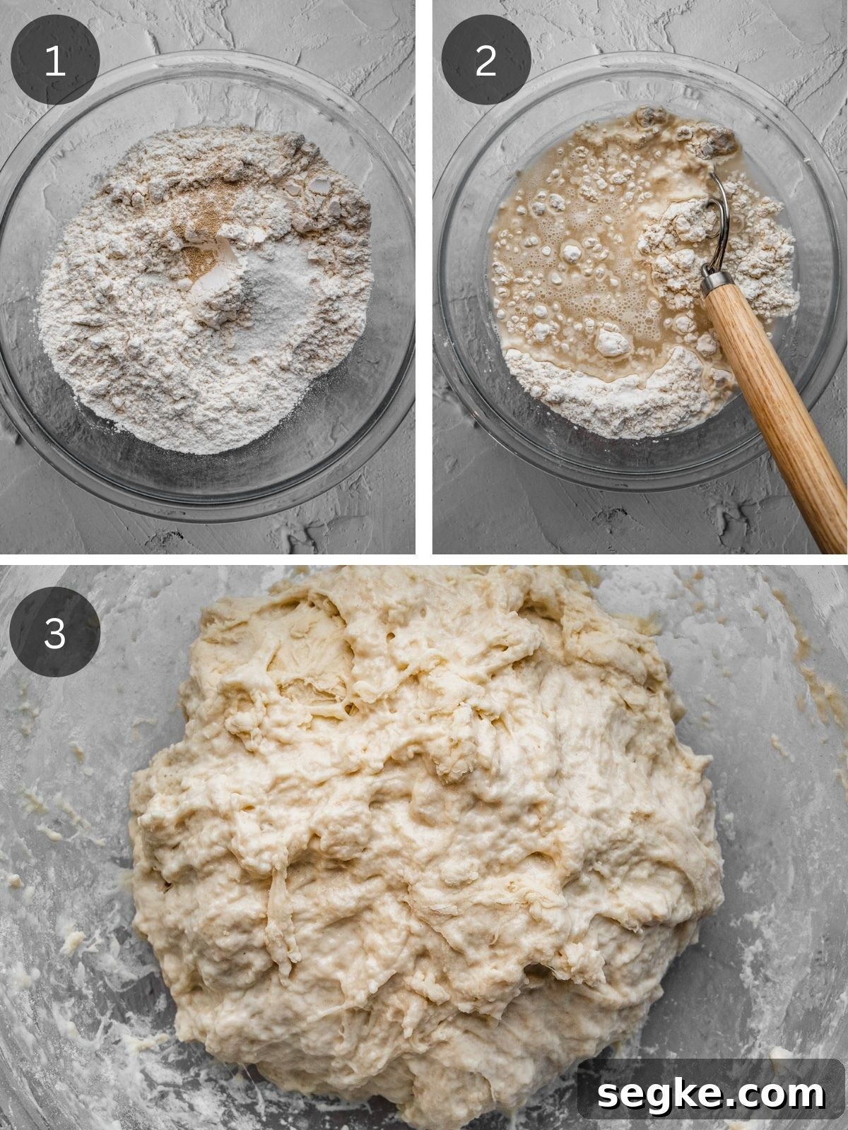 How to Make No-Knead White Bread at Home 4 Recipe steps showing the mixing of the dough.