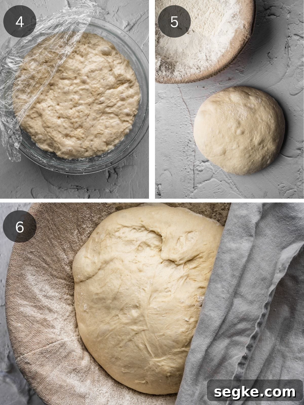 How to Make No-Knead White Bread at Home 5 Recipe steps showing the forming and shaping of the dough ball as well as placing it in the floured banneton.