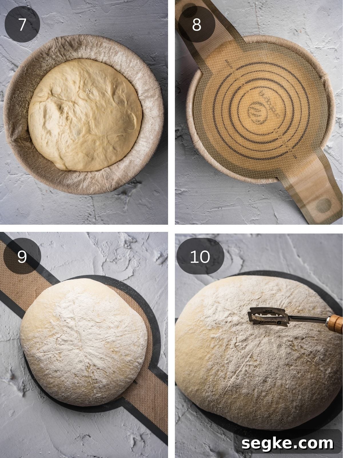 How to Make No-Knead White Bread at Home 6 Recipe steps showing how to invert the proofed dough onto a silicone lifter and scoring the bread.