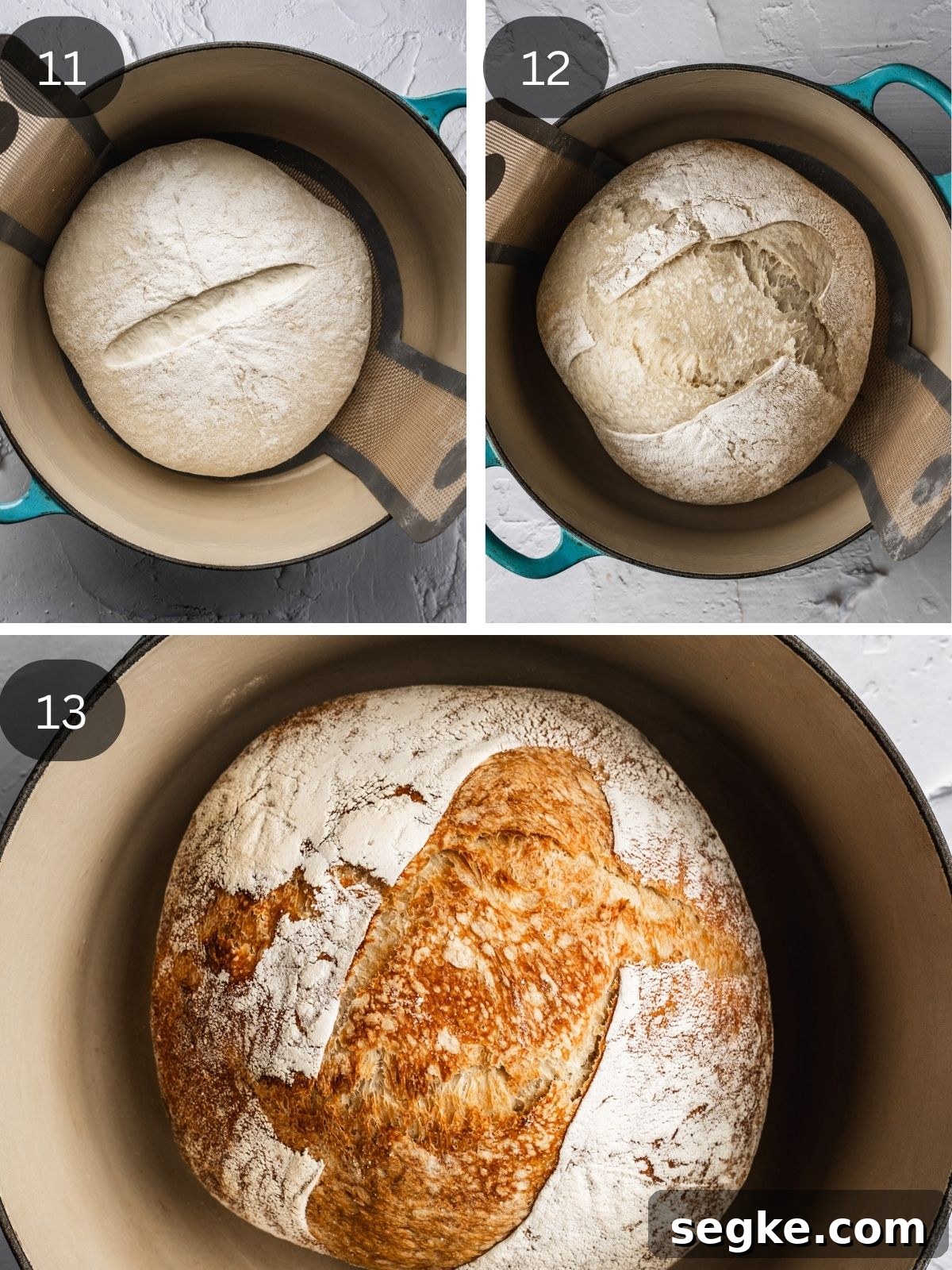 How to Make No-Knead White Bread at Home 7 Recipe steps showing the baking of the bread in the hot Dutch oven.