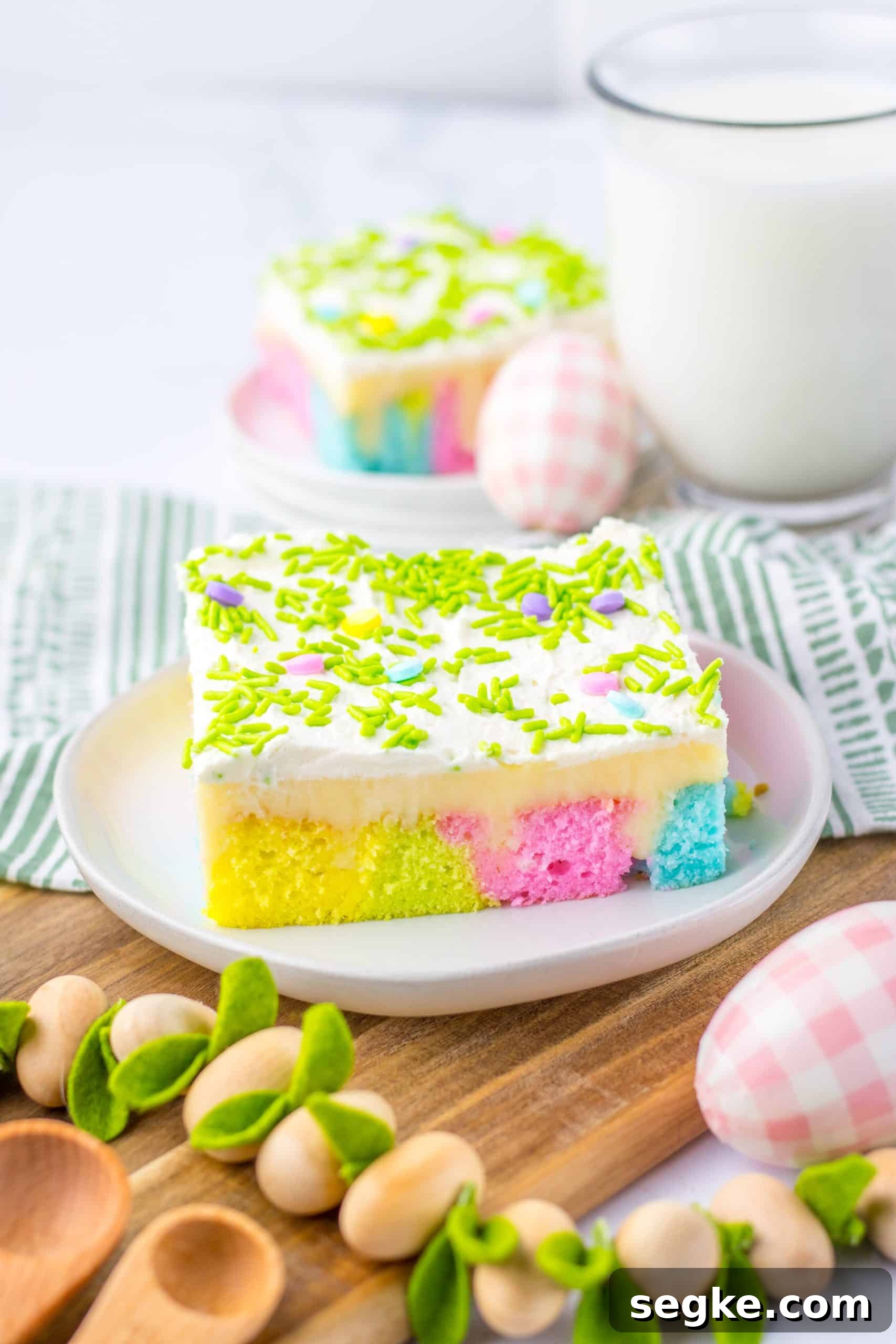 a slice of pastel rainbow colored easter poke cake on a small white dessert plate with a glass of milk in the background