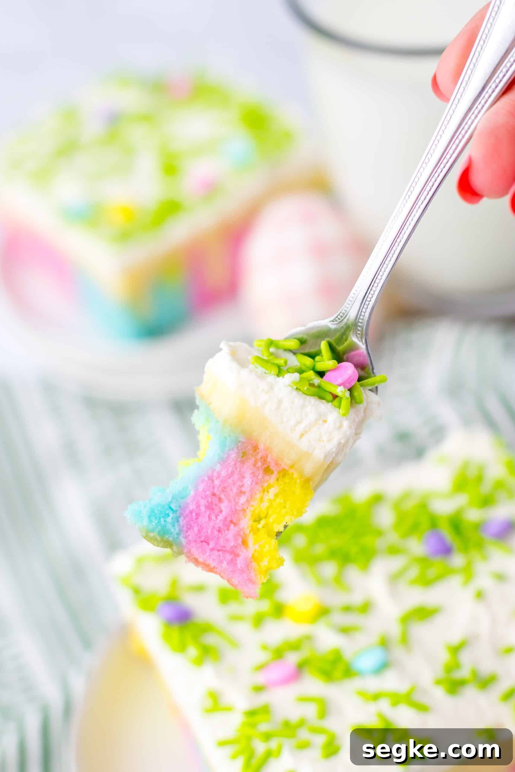 a silver fork holding up a scoop of a pastel colored sprinkle topped easter poke cake