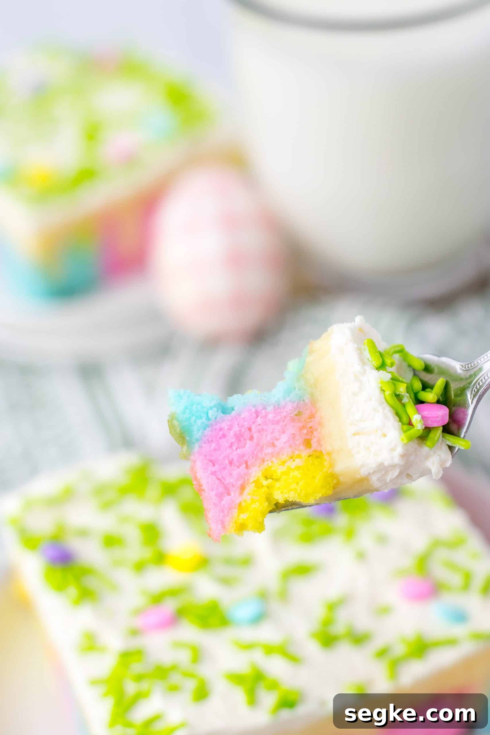 a silver fork holding up a scoop of a pastel colored sprinkle topped easter poke cake