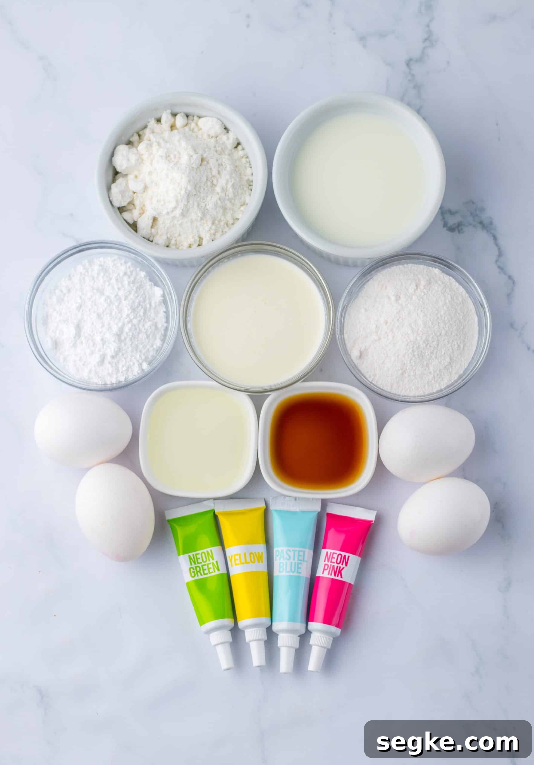an overhead image showing the measured ingredients needed to make an easter poke cake