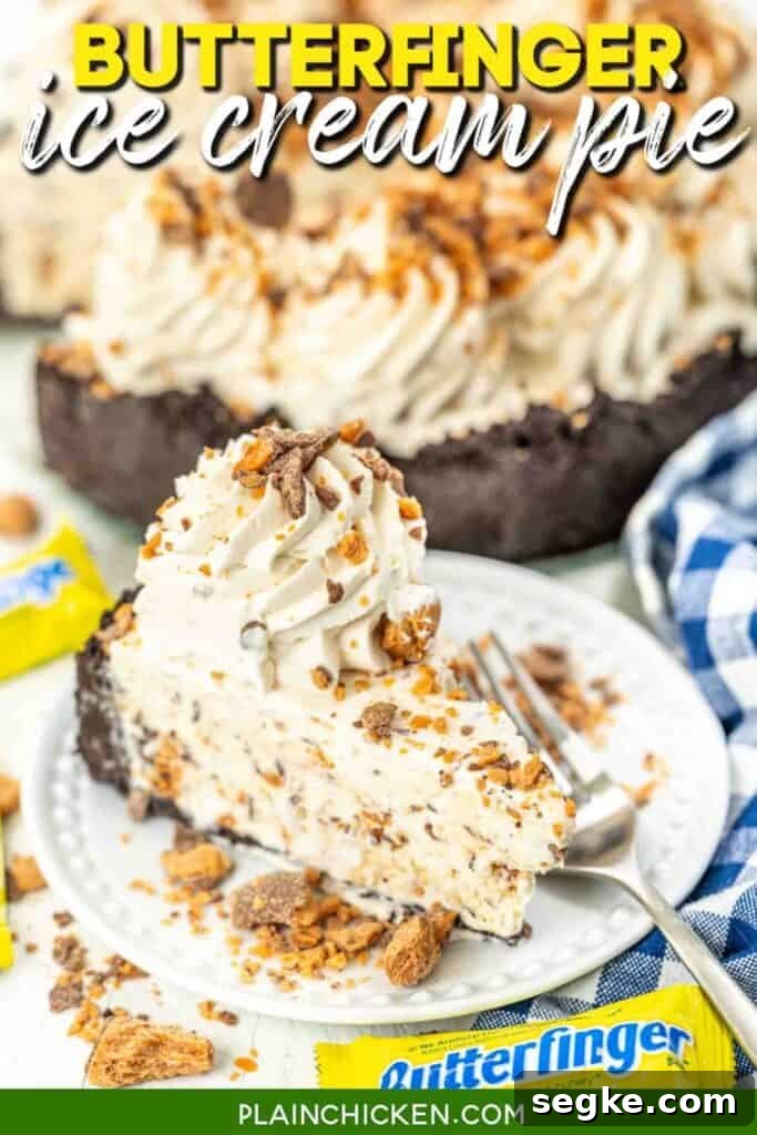slice of ice cream pie on a plate with text overlay