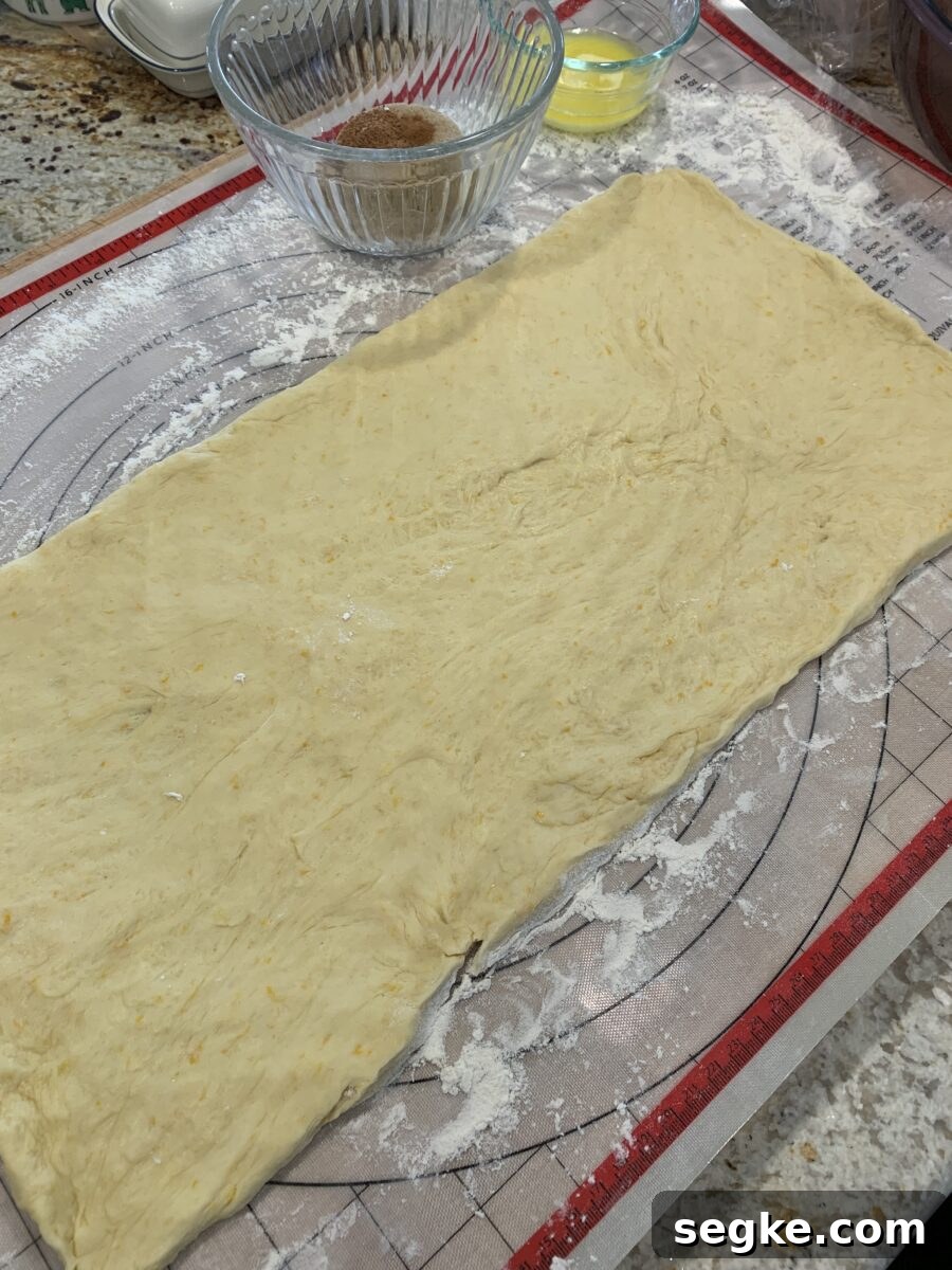 Sweet roll dough all rolled out.
