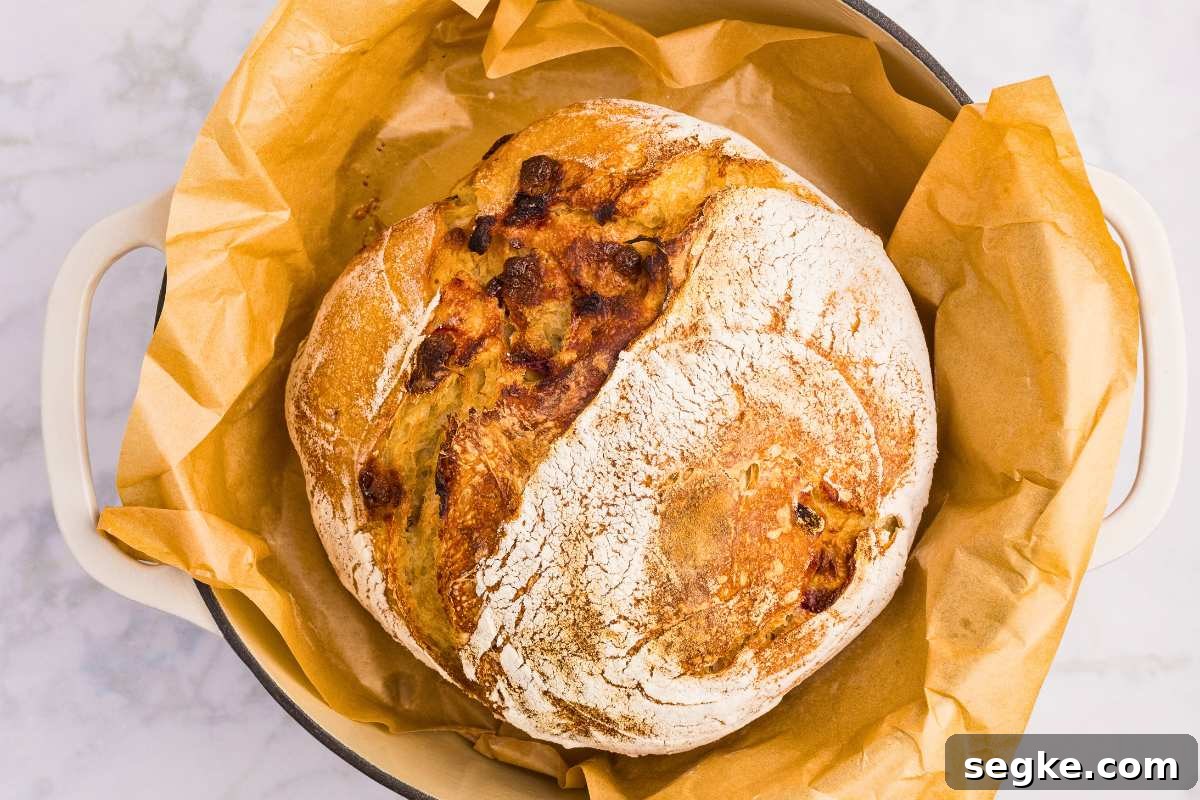 Homemade Strawberry Sourdough Bread Recipe 11 baked bread loaf in Dutch oven.