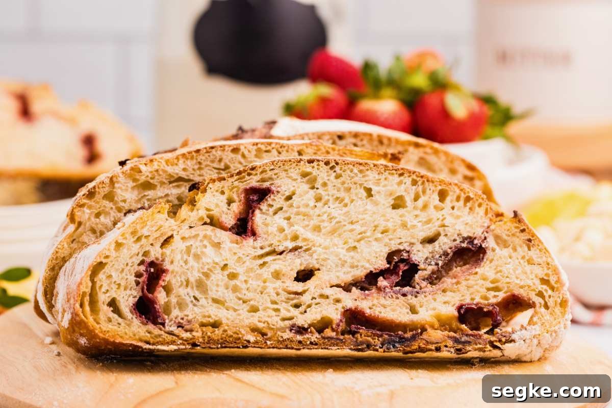 Homemade Strawberry Sourdough Bread Recipe 12 inside of bread slice.