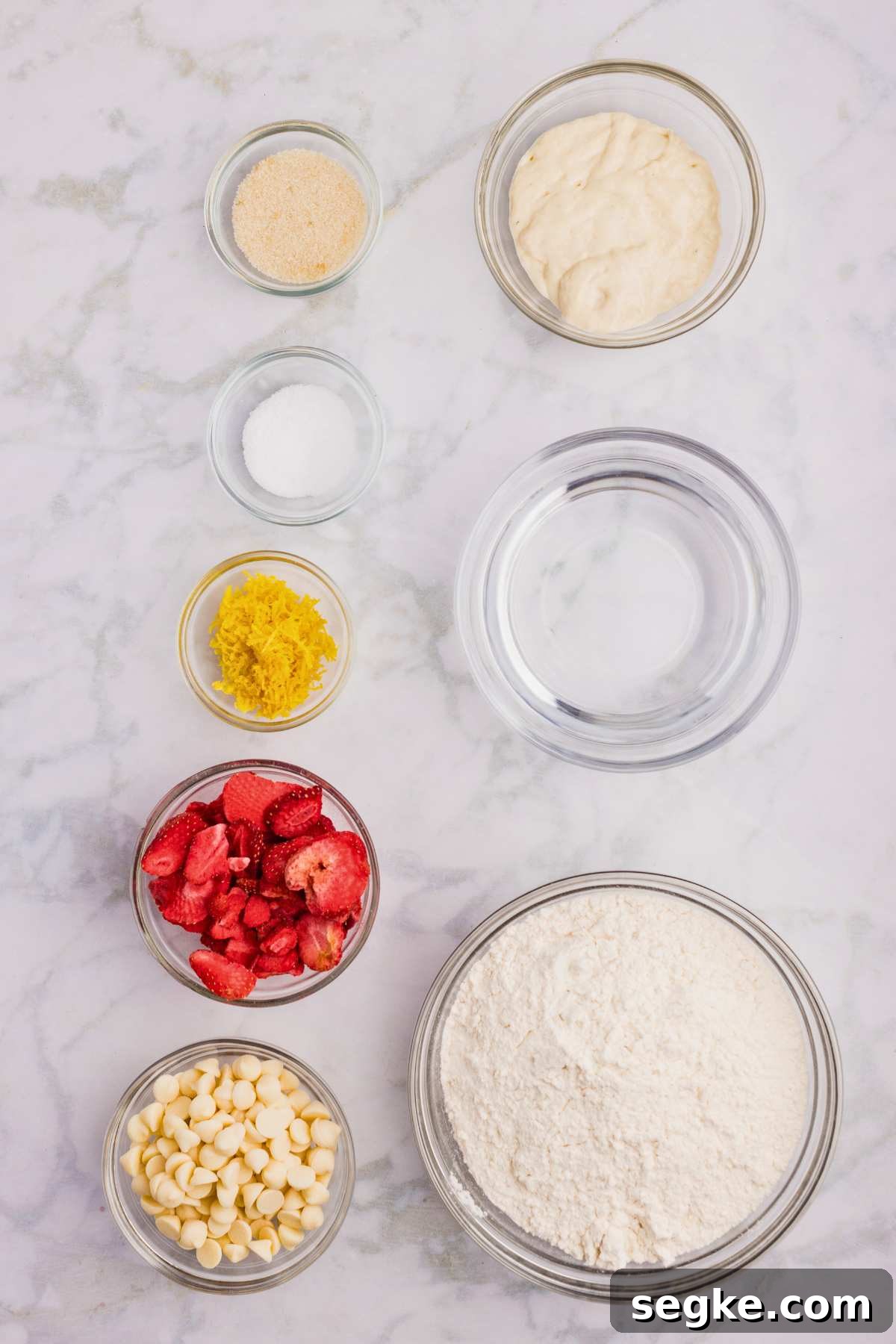 Homemade Strawberry Sourdough Bread Recipe 2 ingredients measured in bowls on counter.