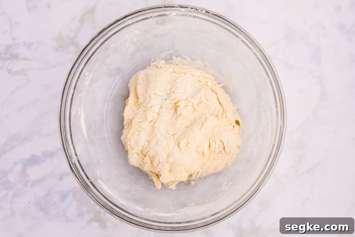 Homemade Strawberry Sourdough Bread Recipe 4 dough shaped into ball in mixing bowl.