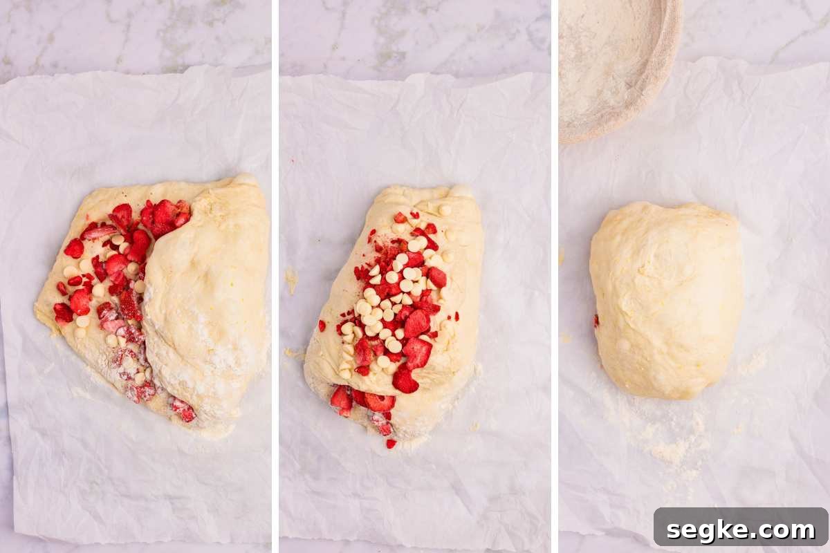 Homemade Strawberry Sourdough Bread Recipe 8 dough folded over the strawberries and chocolate chips.