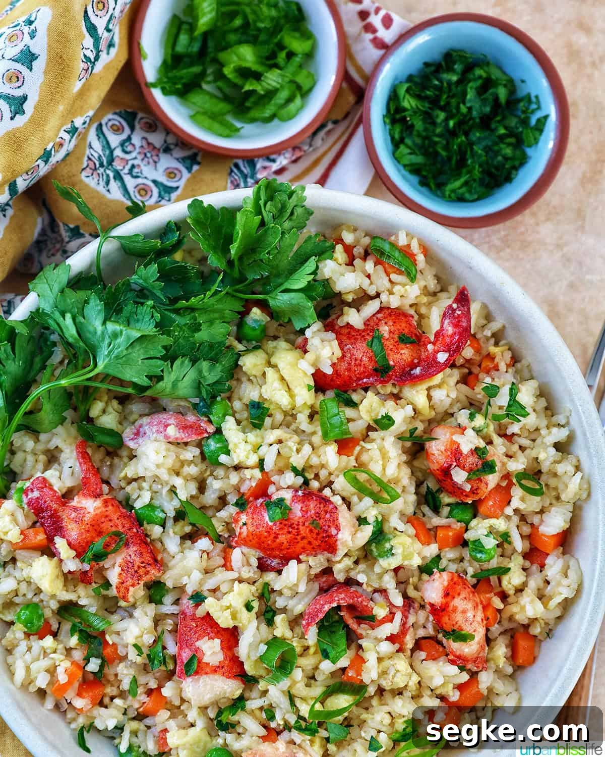 Garlic Butter Lobster Fried Rice 14 bowl of lobster fried rice with bowls of fresh herbs.