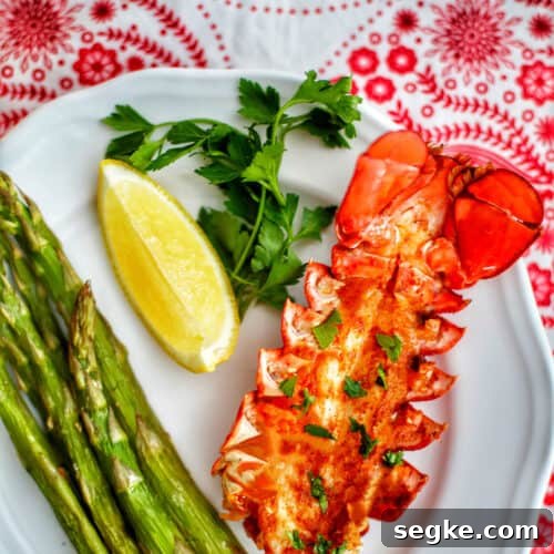 lobster tail with lemon, asparagus, white wine on red and white cloth