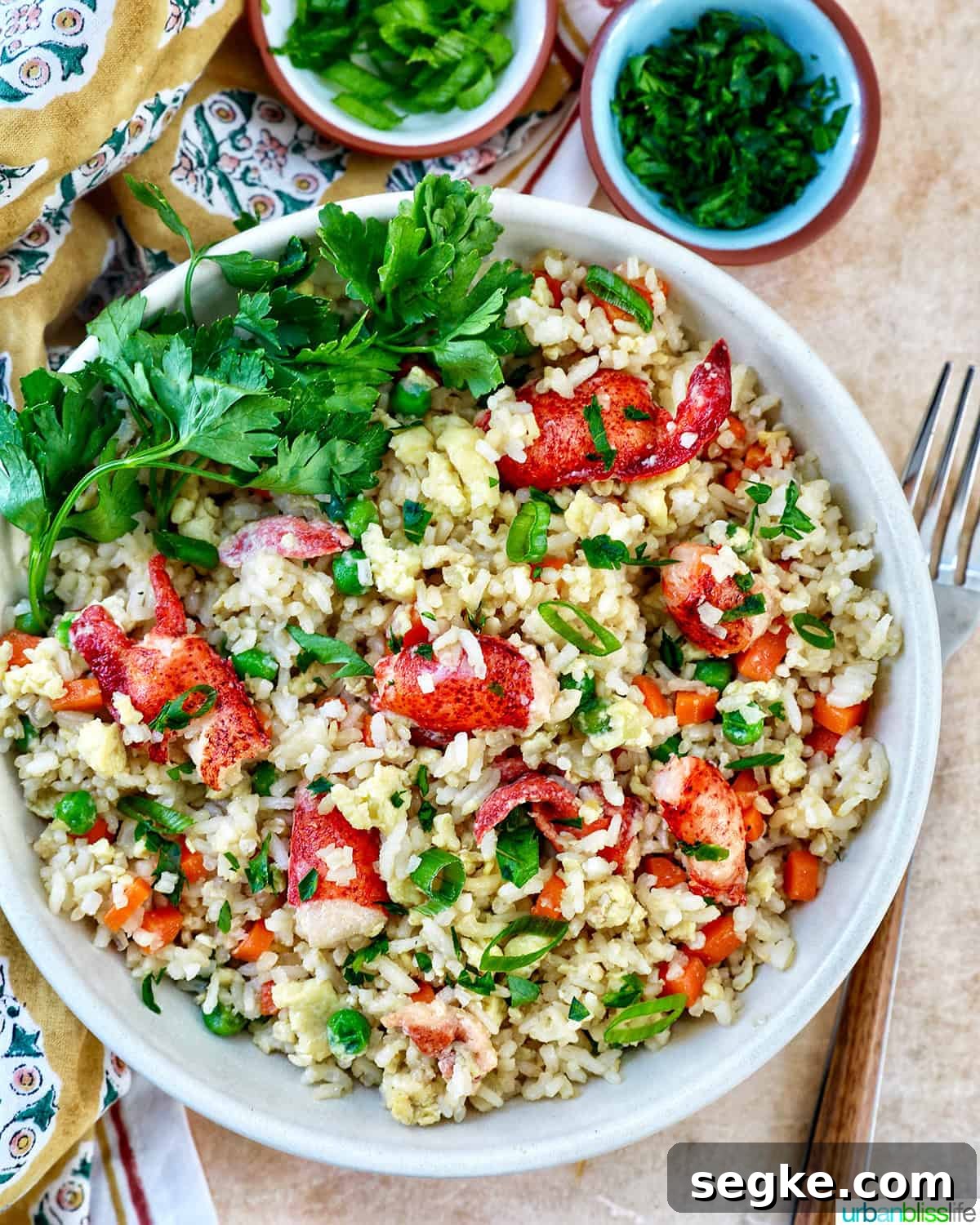 Garlic Butter Lobster Fried Rice 3 bowl of lobster fried rice with bowls of fresh herbs, a napkin, and a fork.
