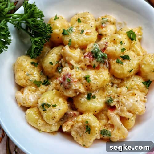 lobster gnocchi with herbs in a white bowl.