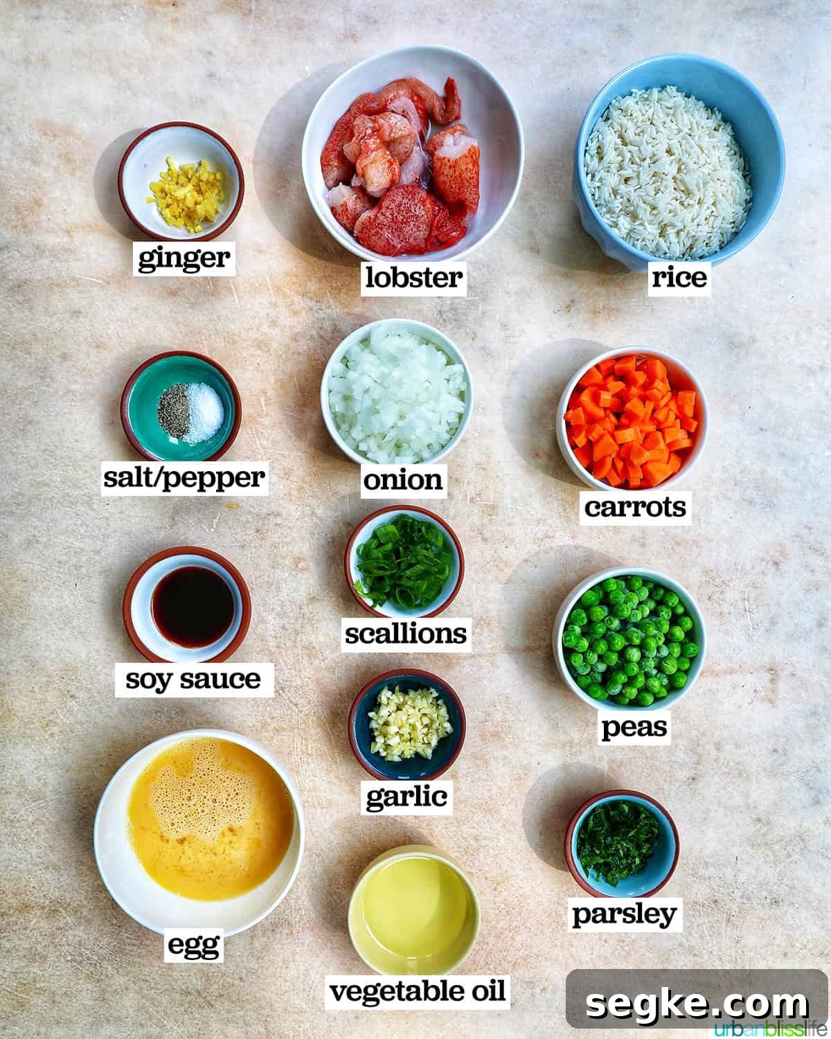 Garlic Butter Lobster Fried Rice 4 bowls of ingredients to make lobster fried rice.