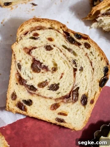 Slice of Sourdough Discard Cinnamon Raisin Bread.