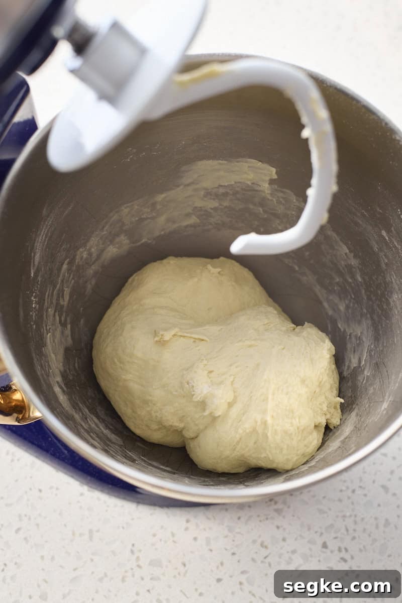 Dough in the bowl of a stand mixer.