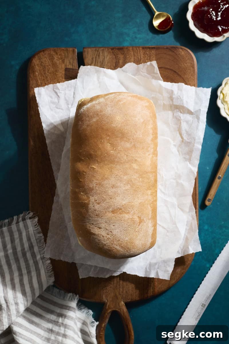 A baked loaf of Sourdough Discard Sandwich Bread.