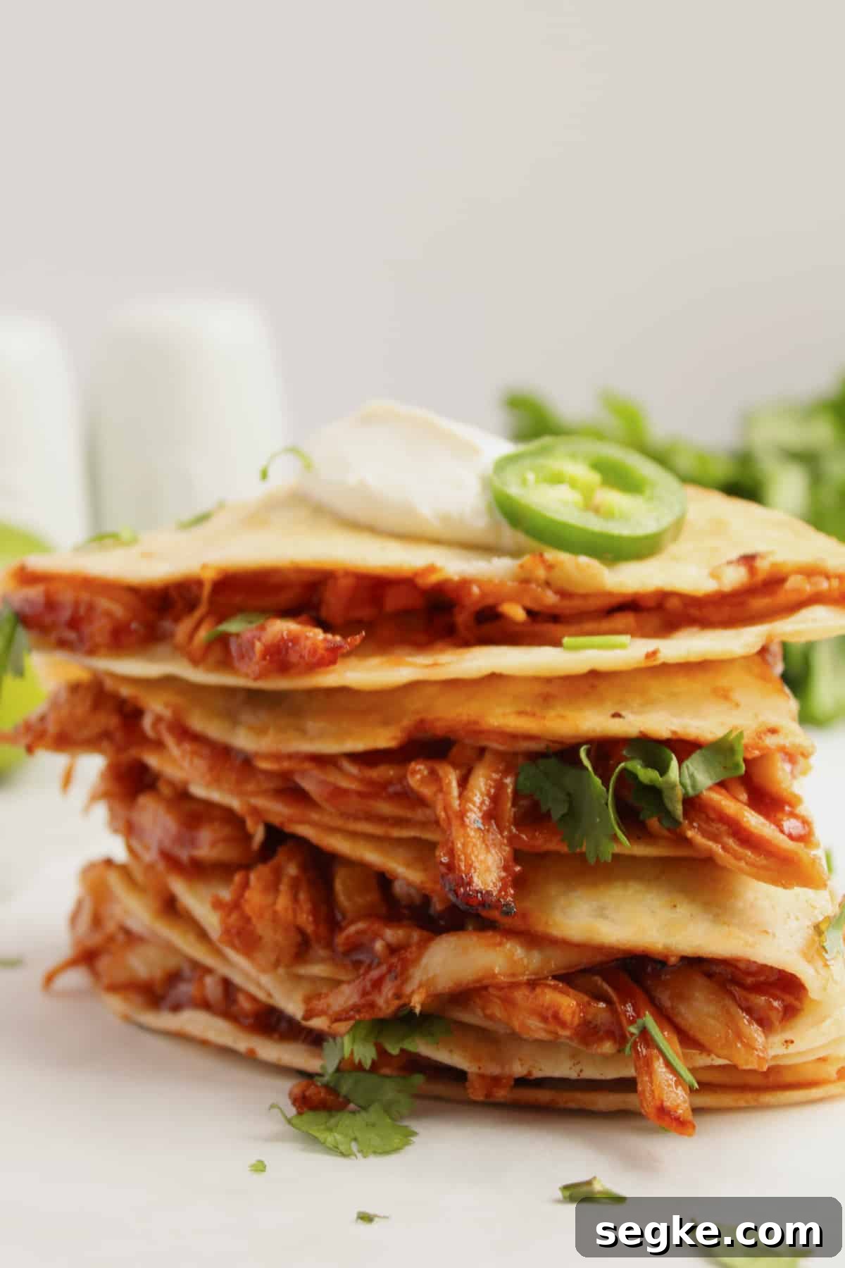 Smoky BBQ Chicken Quesadillas with Melted Cheese 2 BBQ chicken quesadilla pieces stacked on top of each other.