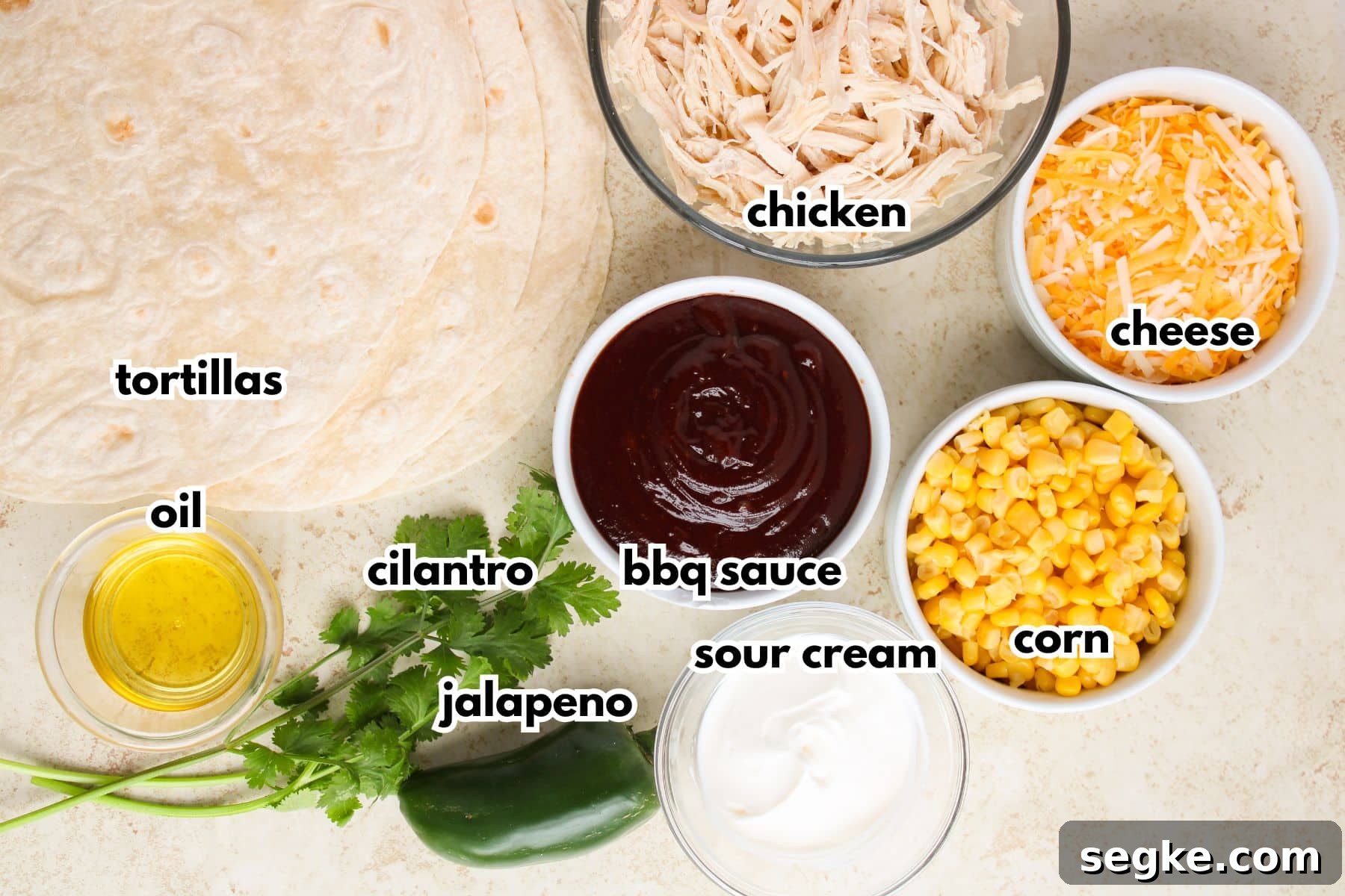 Smoky BBQ Chicken Quesadillas with Melted Cheese 4 Bowls of ingredients labeled with text.