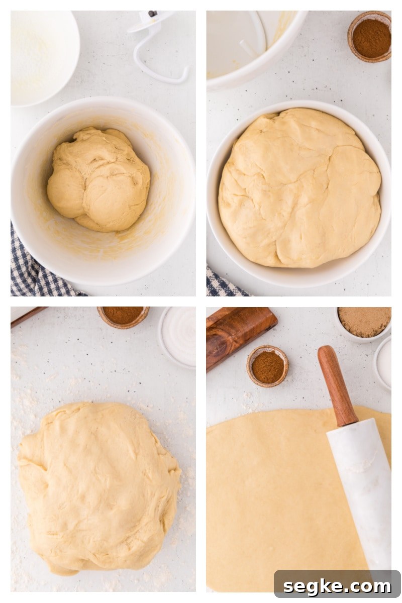 Grandma Billie's Cinnamon Rolls recipe four photos showing dough rising and then rolled out