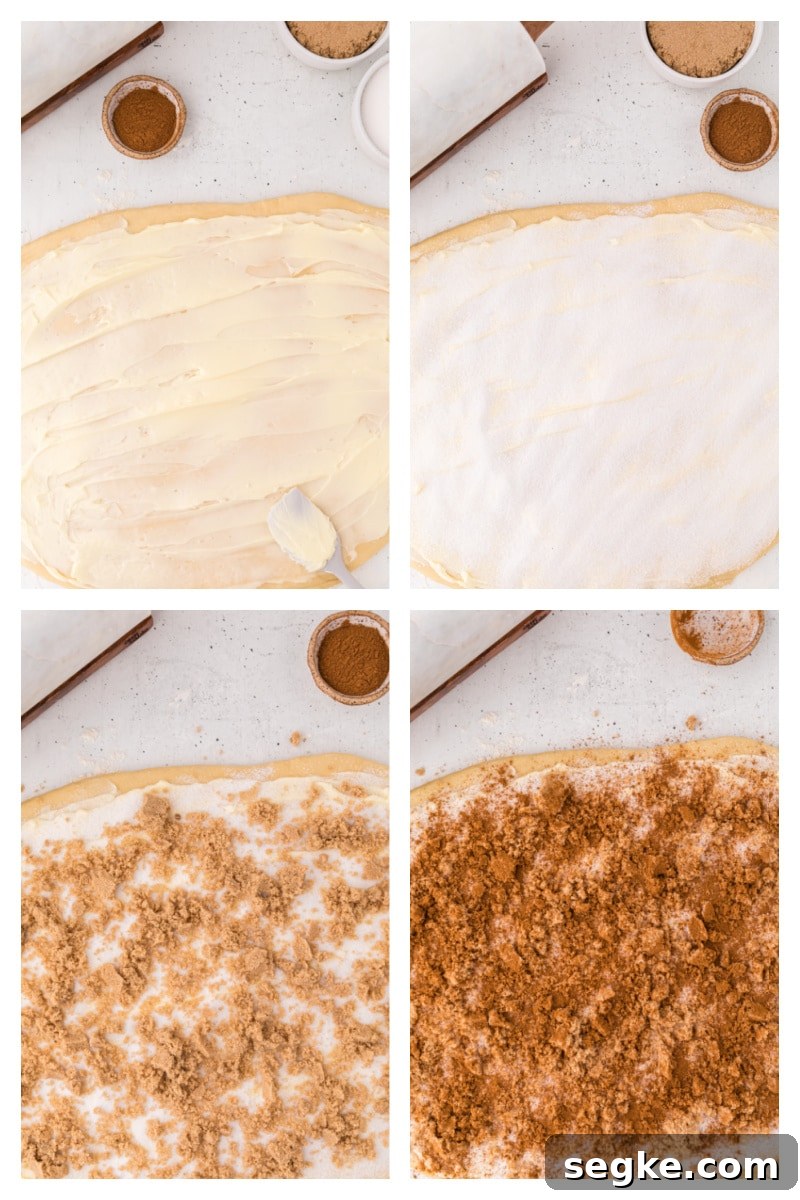 Filling the cinnamon roll dough four photos showing what to add to cinnamon roll dough