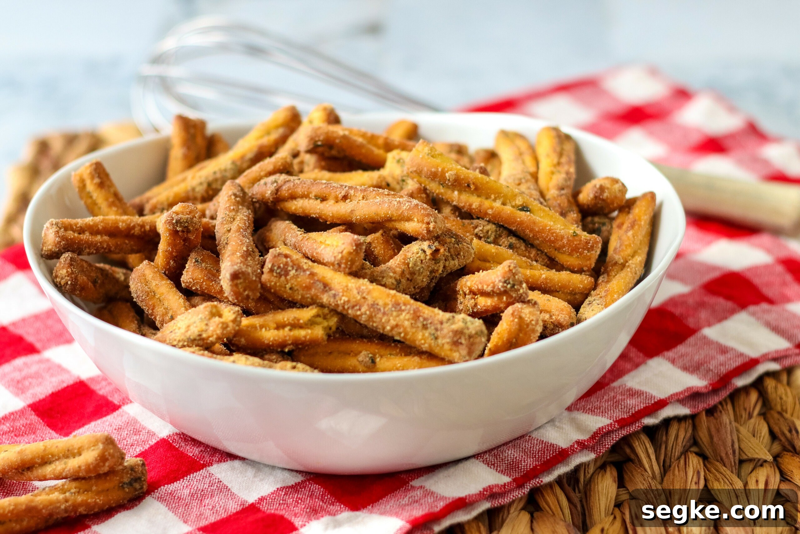 Copycat Dot's Seasoned Pretzels Recipe 2 Seasoned Pretzels on a white bowl.