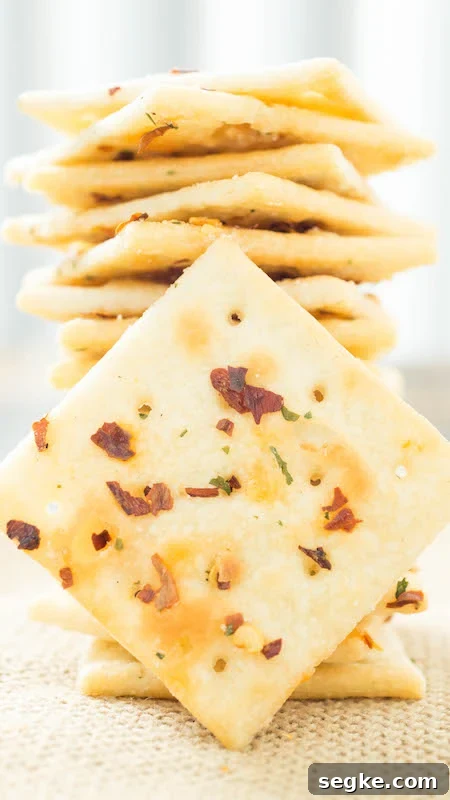Fire Crackers Recipe (Saltines seasoned with ranch and red pepper flakes) stacked.