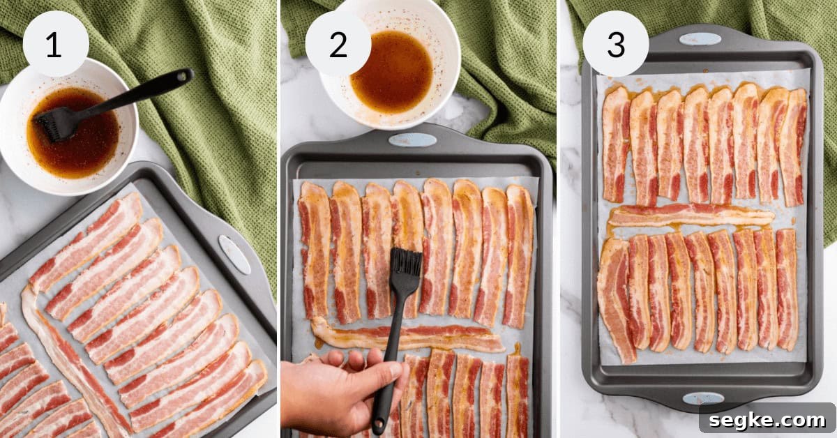 Brushing the bacon with the spicy coating.