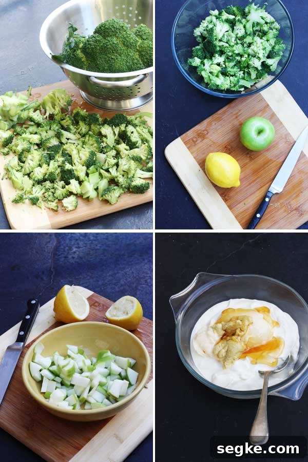 Collage of 4 images showing the process of making a broccoli, apple and bacon salad and the yogurt dressing for it.