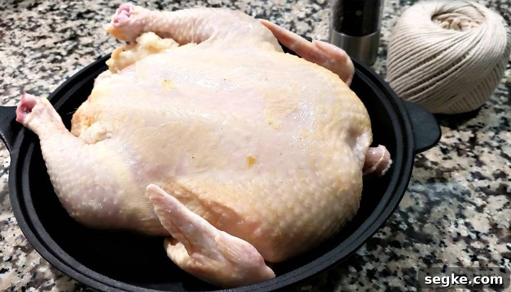 a whole chicken in a cast iron skillet.