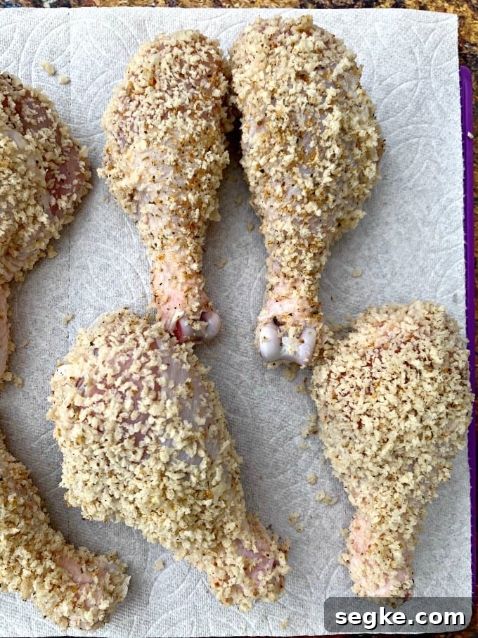 Crispy Panko Air Fryer Chicken Drumsticks 4 raw panko breaded chicken wings on a paper towel