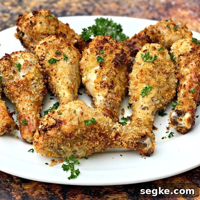 Crispy Panko Air Fryer Chicken Drumsticks 5 air fryer chicken drumsticks on a white plate