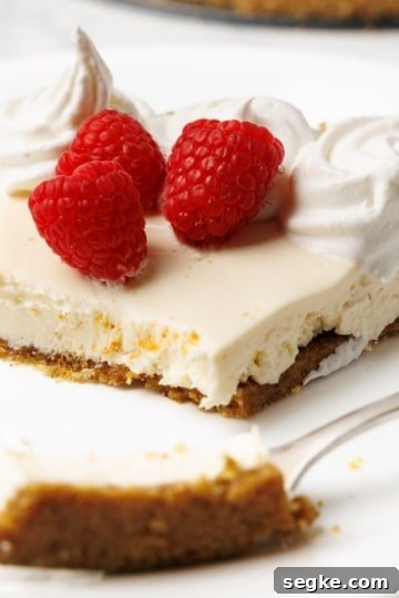 A slice of no-bake cheesecake on a white plate with whipped cream, raspberries, and a fork with a bite taken