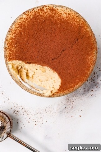 Keto Tiramisu Cottage Cheese Cookie Dough with one bite taken out with cocoa powder duster