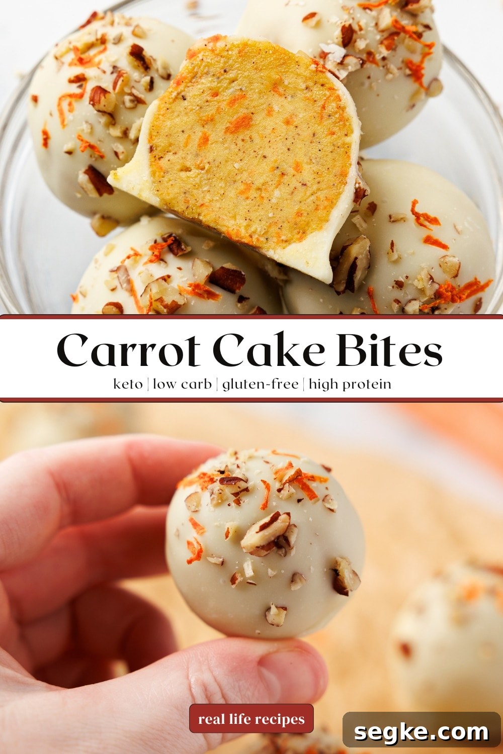 No Bake Keto Carrot Cake Protein Bites 13 keto carrot cake bites showing white chocolate coated bites with pecans and shredded carrot, labeled keto, low carb, gluten-free, and high protein