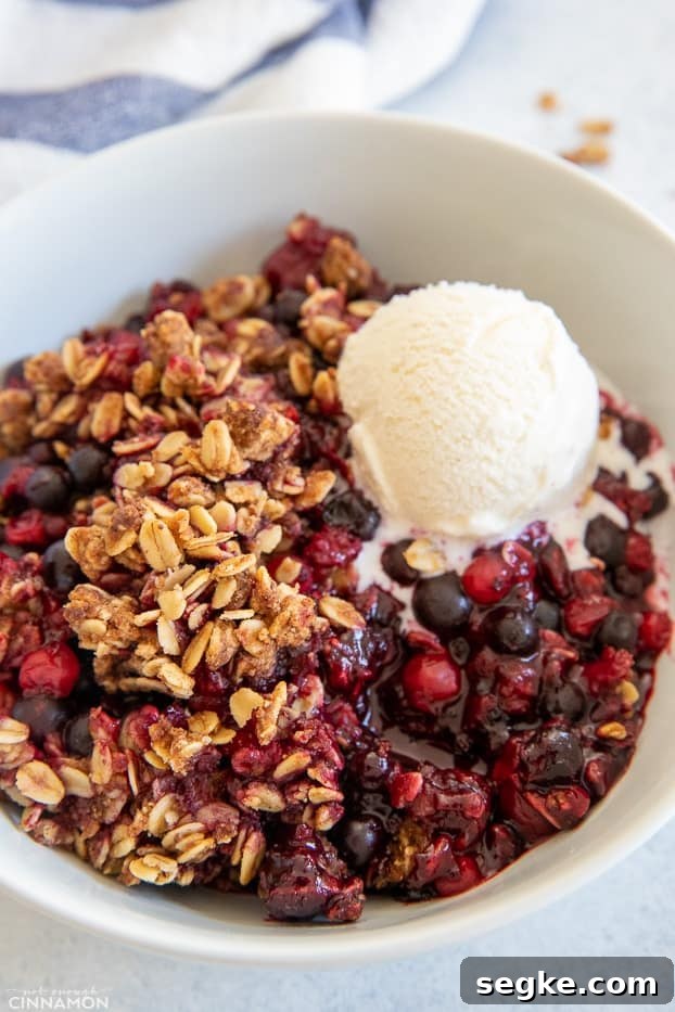 berry crisp overhead shot of a serving of healthy berry crisp served with a scoop of vanilla ice cream