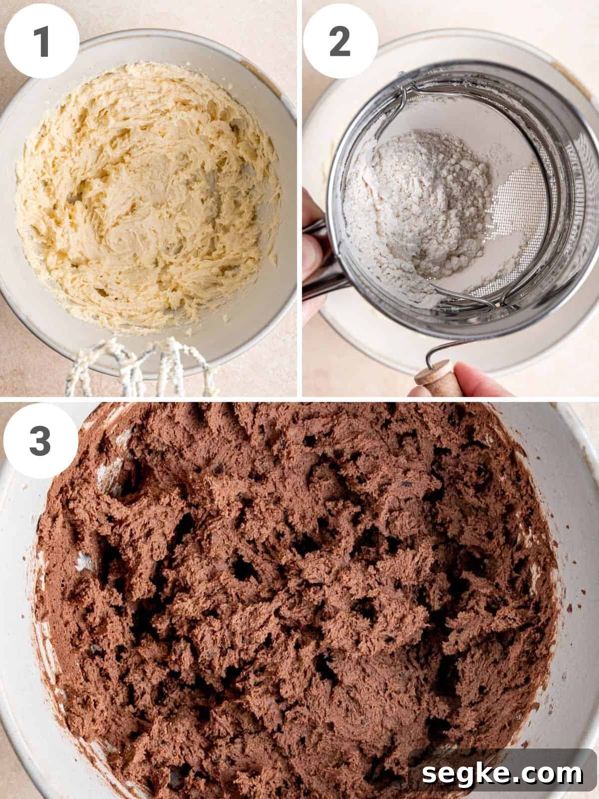 A 3-photo collage showing how to make chocolate cookie dough with chocolate chips.